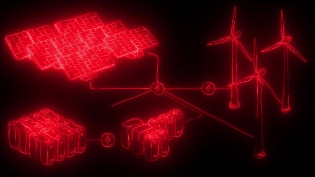 Renewable energy system illustrating solar panels wind turbines