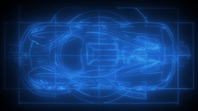 Futuristic car blueprint animation highlighting vehicle engineering
