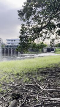 Bueng Nong Bon Giant tunnel and Inlet Sluice Gate, designed to address flooding issues in eastern Bangkok. Sluice gates have been opened to allow water to flow into the Nong Bon retention basin