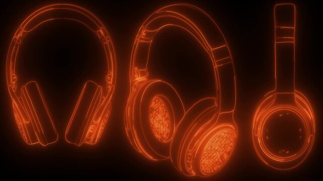 Floating neon headphones in dark space for tech product marketing