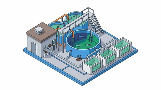 Isometric illustration of a modern recirculating aquaculture system fish farm.