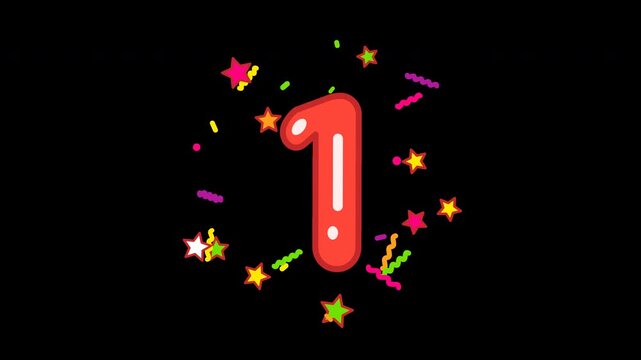 Colorful glossy bubble numbers 3, 2, and 1 counting down with explosive festive confetti, stars, and squiggles on transparent alpha background.