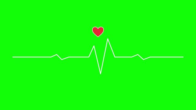 Glowing white heartbeat line pulse electrocardiogram monitor display with red heart symbol on green screen video clip