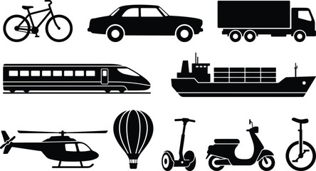 WebBlack silhouette set of various transportation vehicles including car, truck, train, ship, helicopter and bicycle. © MdMotaharul