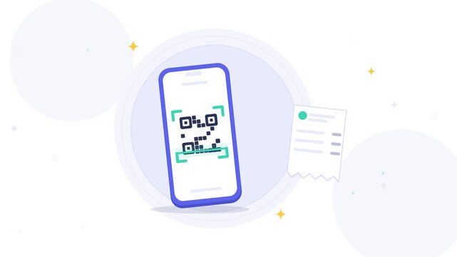 Minimalist 2D animation of a smartphone scanning a QR code from a paper receipt followed by a green checkmark indicating successful digital verification.