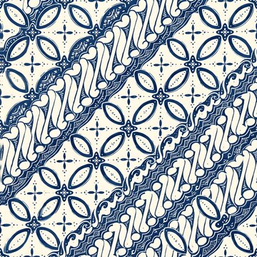 Seamless indigo and cream batik-inspired pattern with traditional kawung and parang motifs