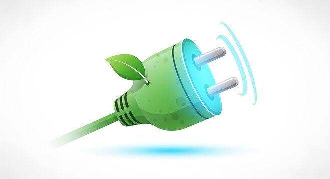 Green electric plug with leaf symbol on white background for energy concept