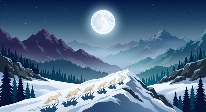 Flat design 2d vector style illustration of a wolf pack migrating on a snowy mountain ridge at night under a full moon for game background and ui ux design