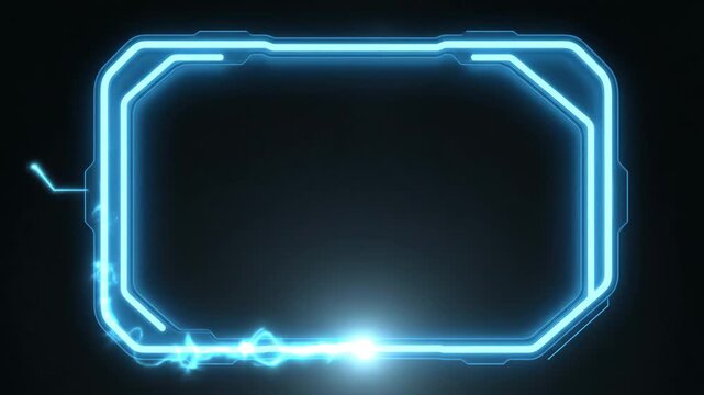 HUD neon interface glowing brightly inside digital dark display screen, shaping futuristic technology element with cyber border graphics, futuristic design template layout pattern cyberspace overlay.