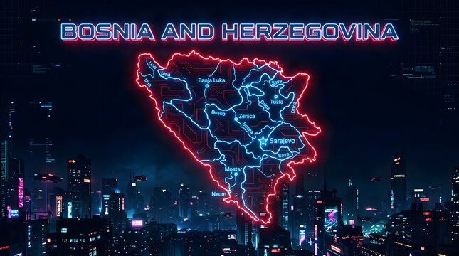 Glowing neon map of Bosnia and Herzegovina glowing brightly above dark futuristic cyberpunk cityscape featuring futuristic glowing rivers and prominent cities illuminated against dark night sky with c
