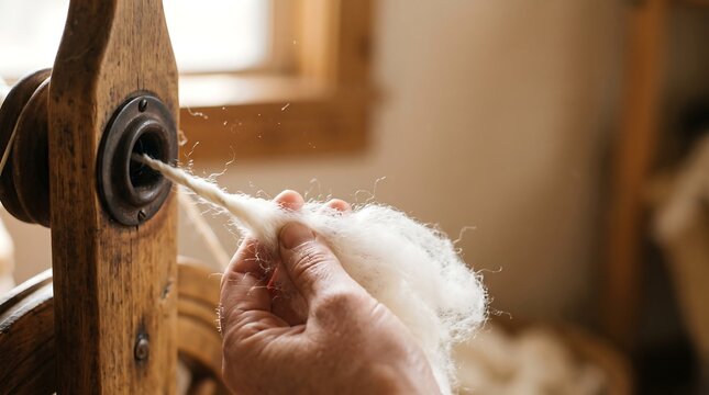 Spinning wool on an antique spinning wheel