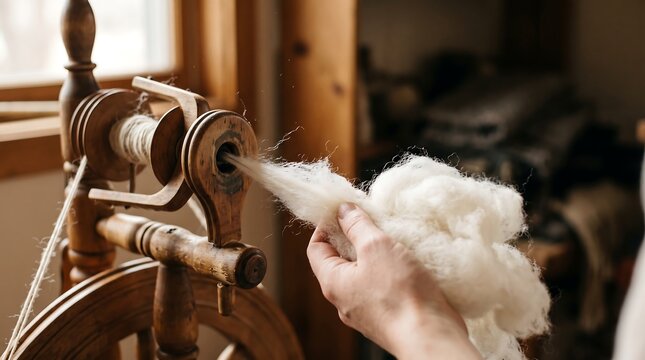 Spinning wool on a vintage wooden spinning wheel