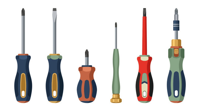 Professional collection of various screwdrivers on white background