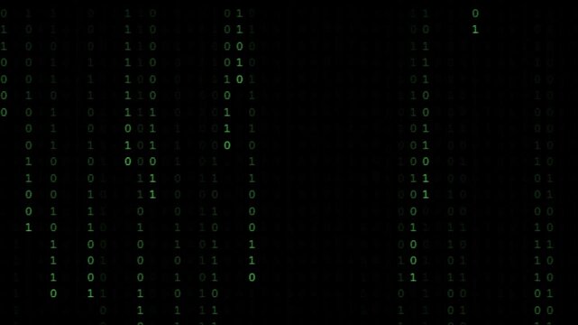 Green binary code streaming down dark computer screen