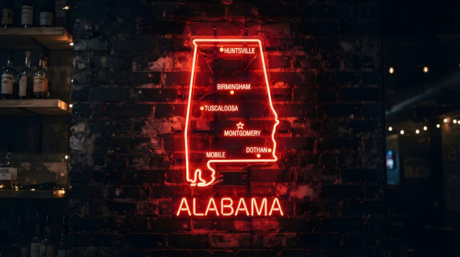 Vibrant red neon sign outlining the geographic state map of Alabama glowing brightly against dark rustic exposed brick wall inside atmospheric local pub bar interior setting during nighttime hours