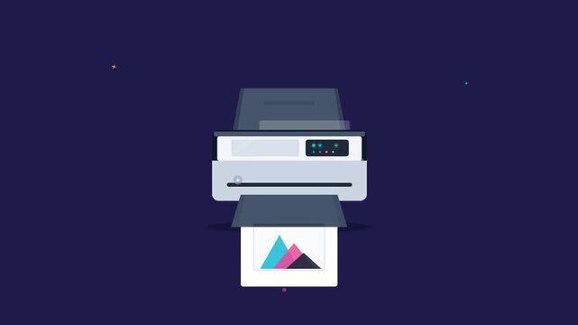 Modern flat vector illustration of a digital inkjet printer printing a colorful graphic document.