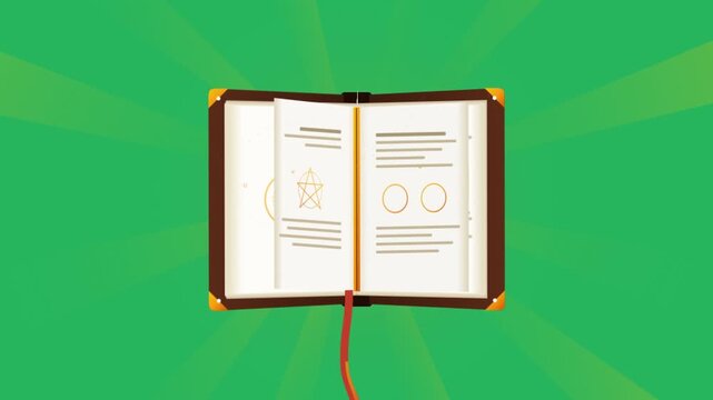 Open vintage book with magic symbols and text on green glowing background.