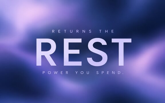 Bold &ldquo;REST&rdquo; typography on a luminous violet and blue abstract background with a message about restoring energy, emphasizing recovery, balance, and well-being.