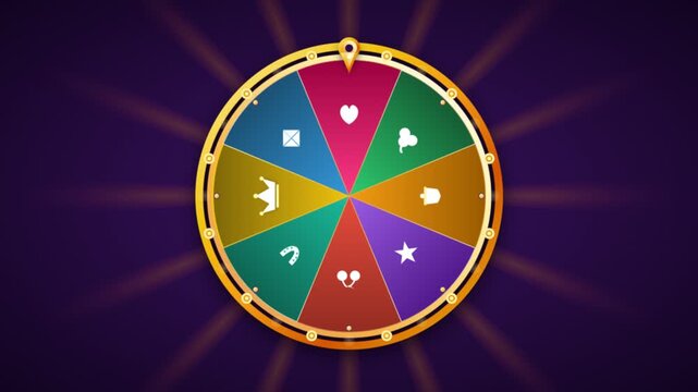 Colorful lucky fortune wheel with various icons on a dark purple background.