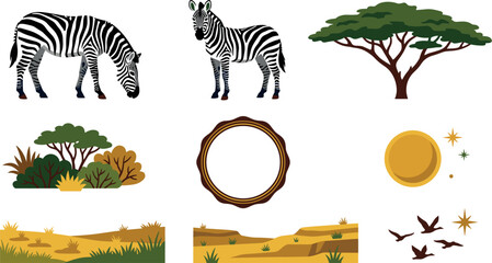 Naklejka premium Zebra Illustration Set with African Savanna Elements, Including Trees, Grass, Sun, and Birds