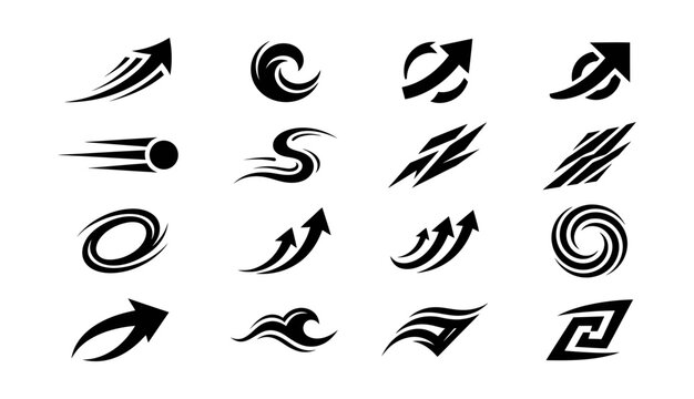 Set of dynamic speed and motion icons, abstract arrows and swoosh shapes, vector illustration elements for sports, racing, and energy branding designs