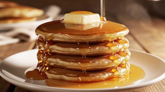 Stack of fluffy pancakes with melting butter and maple syrup being poured on a white plate on a wooden table.