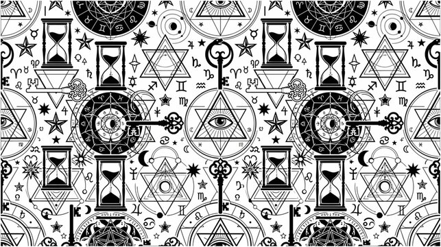 Seamless Pattern with Occult and Esoteric Symbols, Astrology Zodiac Signs, Alchemy Elements, All-Seeing Eye, and Hourglass in Black and White