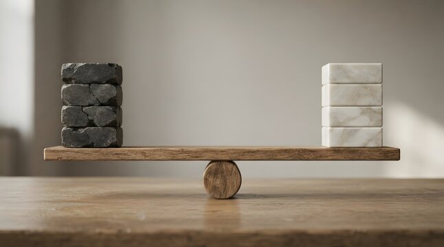 Wooden seesaw balancing stacks of dark rough stones and white marble blocks on a wooden table, representing business stability, decision making, equality, and strategic harmony in a minimalist room.