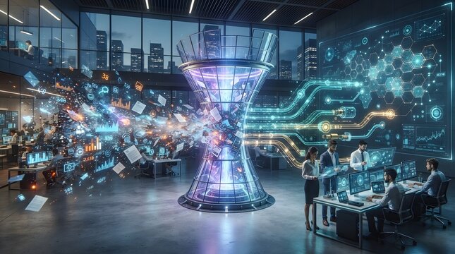 Advanced big data filtering and process optimization concept showing chaotic information being organized through a futuristic digital funnel in a high-tech corporate office with professional staff.