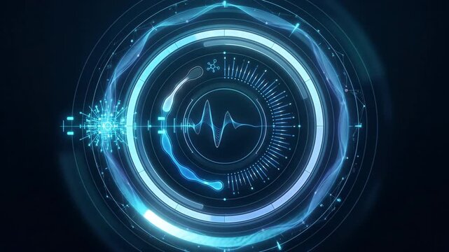 HUD technology displaying digital loading interface with glowing blue circles and futuristic graphics in cyberspace, creating modern electronic sci fi motion design atmosphere.