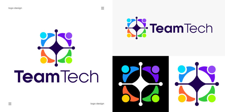 team tech logo design, digital collaboration, business networking, corporate communication and technology teamwork concept, human figures with connection nodes, vector.