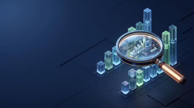 Magnifying glass over 3D holographic bar charts and data grids, modern dark blue isometric view, perfect for financial analysis, investment and growth