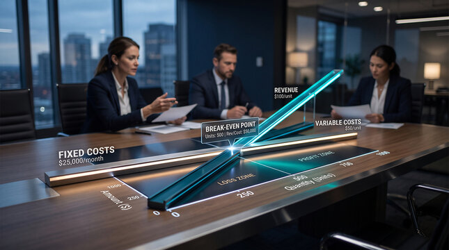 Holographic break-even analysis chart on boardroom table, corporate team discussion, suitable for financial reports, planning and business strategy