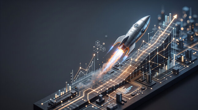 Silver rocket launching from a glowing financial growth chart with data lines, suitable for business presentations, investment strategy and economic reports