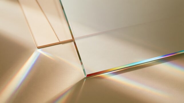 Three overlapping clear glass rectangles casting rainbow refractions on a warm beige surface, with soft shadows and a calm composition