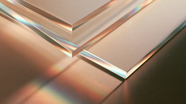 Three overlapping clear glass rectangles casting rainbow refractions on a warm beige surface, with plenty of empty space for text
