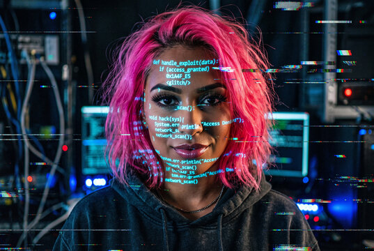 Neon hacker portrait with glitch code in a dark server room