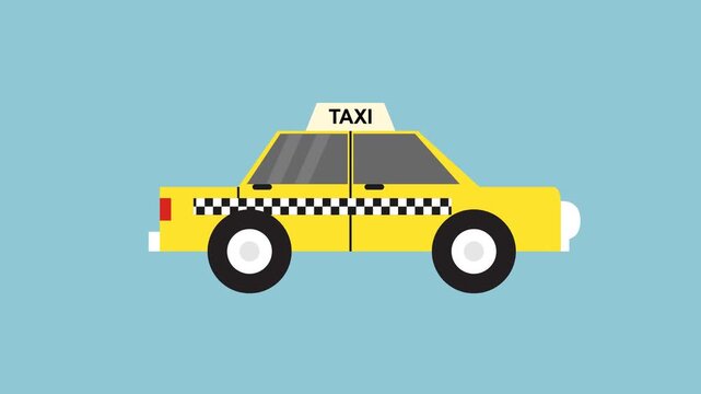 Flat design yellow taxi car vector illustration with checkered pattern and taxi sign on blue background