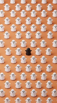 Pattern of white ghosts on an orange background with a single black ghost standing out as the unique exception