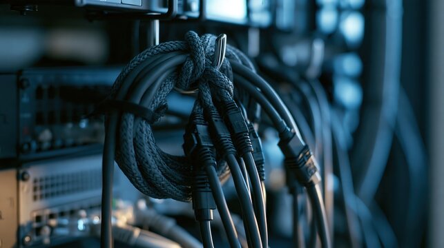 Bundle of network patch cables tied together at a server rack in blue light, with a clean uncluttered composition