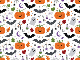 Fototapeta premium Halloween seamless pattern with cute pumpkin ghost and bat characters in flat vector style for festive wallpaper and fabric design