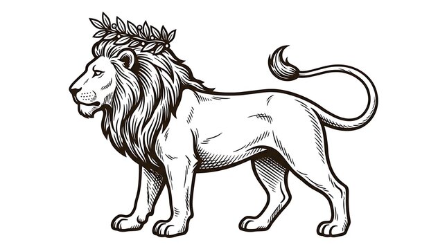 Majestic Standing Lion with Laurel Wreath Crown Side View Vintage Engraving Style Line Art Vector