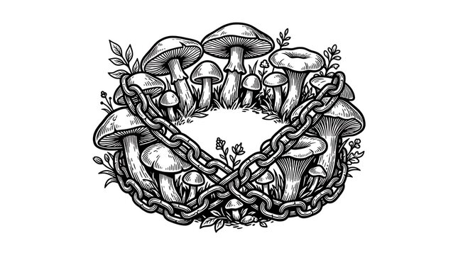 Vintage Engraving Style Illustration of Wild Mushrooms Entwined with Heavy Industrial Metal Chains