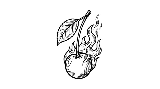 Hand Drawn Engraved Style Illustration of a Single Burning Cherry with Flame Isolated on White