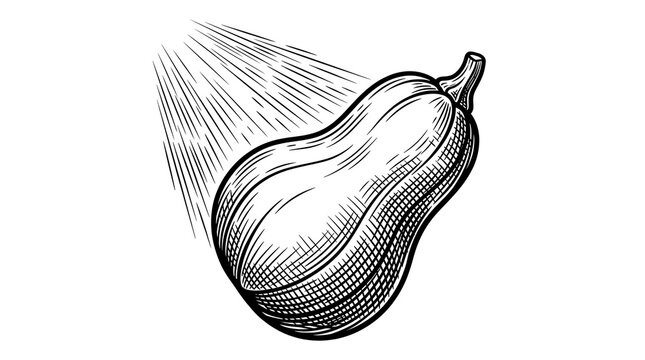 Hand drawn vintage woodcut illustration of butternut squash vegetable isolated on white background