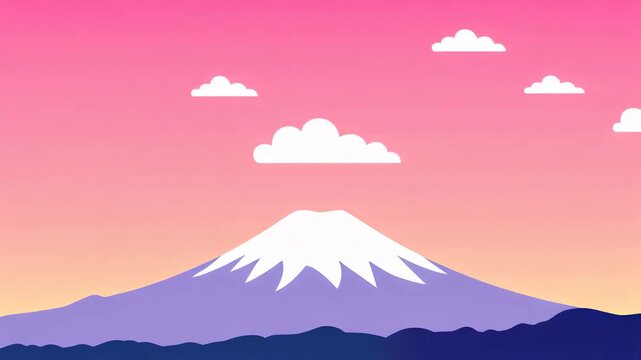 Flat Design 2D Illustration of Snow-Capped Mountain, Simple Gradient Pink Sky with Drifting Clouds Animation, Minimal Landscape Background