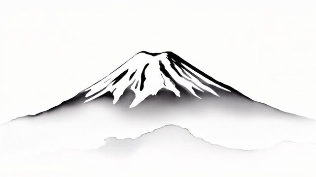 Traditional Japanese Ink Wash Illustration of Snow-Capped Mountain, Bold Black Brush Strokes with Drifting Mist Animation, Sumi-e Style Art