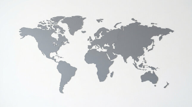 A precise geographical world map featuring all continents painted in grey color onto a flat empty surface creating a professional visual presentation for international business themes