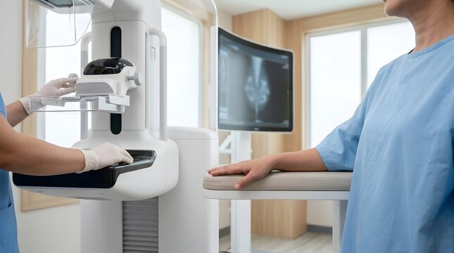 Professional view of technologist operating mammography machine