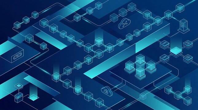 Isometric blockchain technology network concept with glowing interconnected digital blocks data security and cryptocurrency background